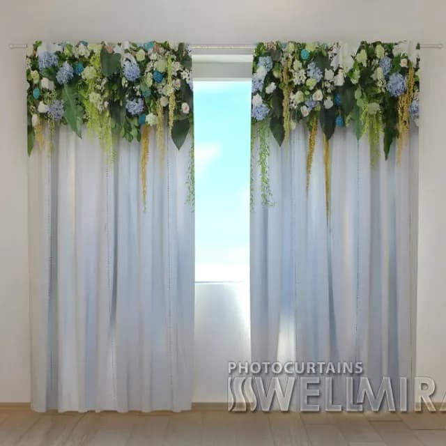 Fotogardin Blomsterlambrekänger. Blå moln