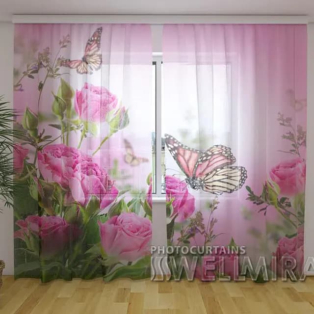 Fotogardin Fjärilar och rosa rosor