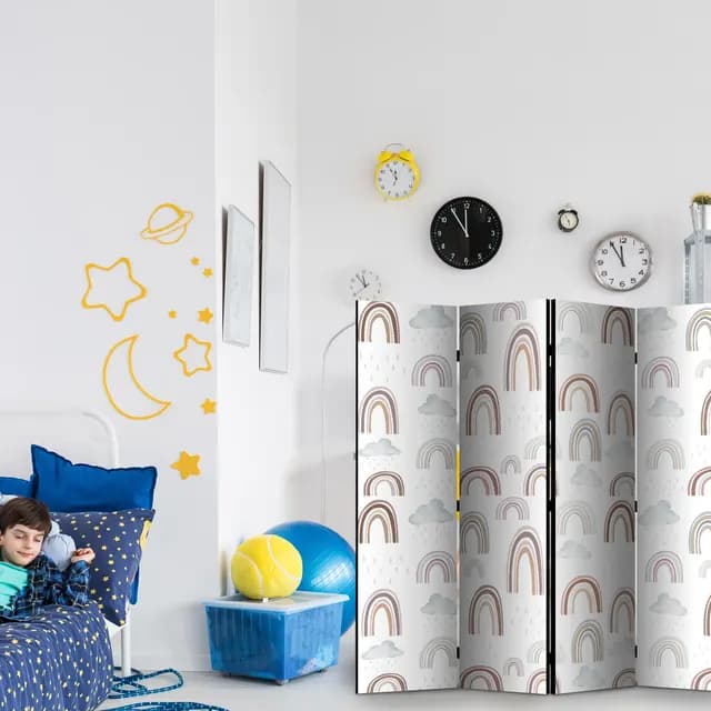 Room Divider - Rainbows and Clouds - Rainbows of Various Sizes in Muted Colors Among Rain Clouds in a Pale Blue Shade