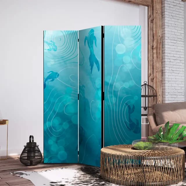 Room Divider - Koi Fish Under the Water Surface - a Cluster of Japanese Fish in the Depths of the Pond in Shades of Navy and Blue