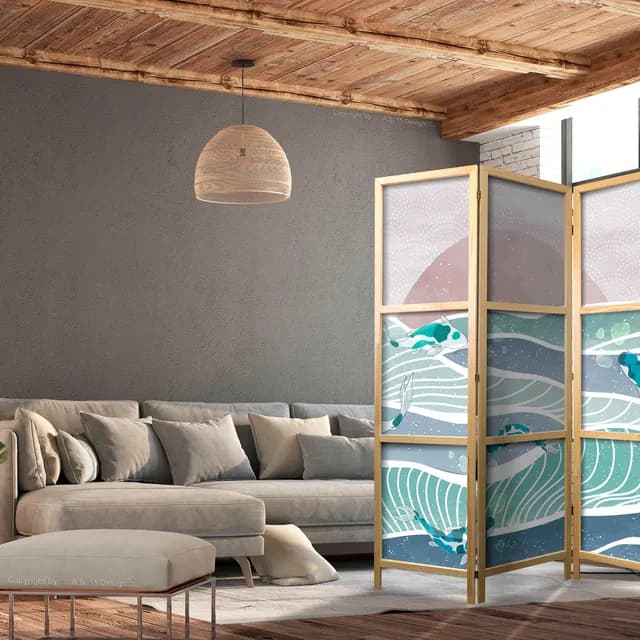 Room Divider - Koi Fish Among Waves - Japanese Fish Amidst Waves in Shades of Turquoise and White