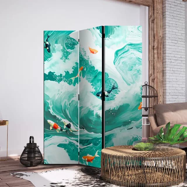 Room Divider - Koi Fish Among Waves - Japanese Fish Among Waves in Shades of Turquoise and White