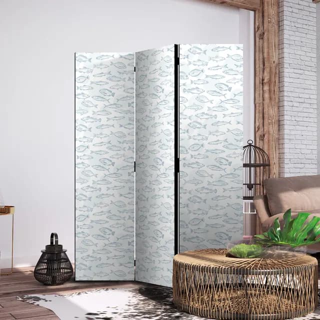 Room Divider - Blue Fish - Blue Outlines of Various Species of Fish on a White-Blue Background