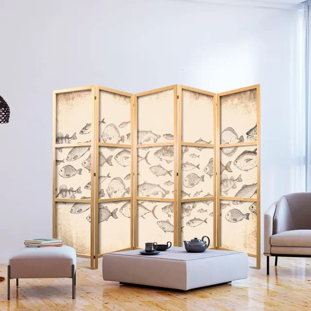 Room Divider - Sketch of a School of Fish - Sketches of Various Species of Fish Swimming in a School on a Beige Background in Vintage Style