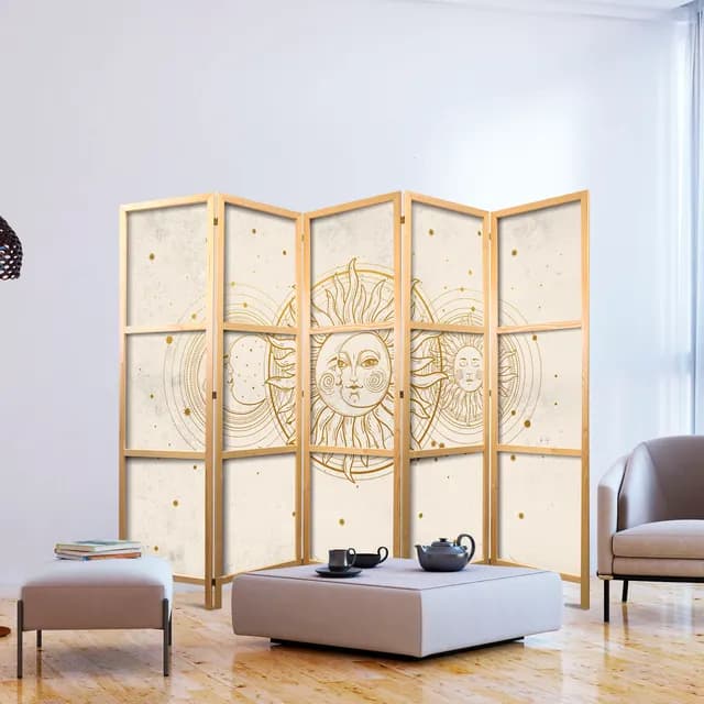 Room Divider - Golden Sun and Moon - Artistic Illustration in Retro Style